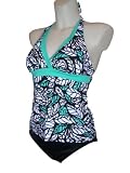 Beach Bay Tankini Full Cut Bikini Swimsuit - Turquoise - White - Black Leaf Print - Size 6-16