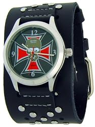 Black Leather Wide Band Red Cross Skull Trendy Fashion Fashion Design Steel Black Dial Gothic Punk Biker Wristband Watch