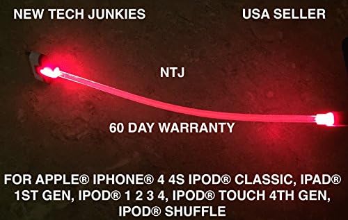 NTJ SHORT 8 INCH Glow-in-the-dark LED Light up Solid One Light Color High Speed Usb to 30pin Data Sync Charger Charge Cable Cord Adapter FOR Ios 6 Ios7 FOR Iphone 4 4s Phones, Iphone 1st Generation, Iphone 3g, Iphone 3gs, Ipad First Generation, Ipad 2, Ipod Touch 2, 3, 4, Nano 5 6 (4 Colors to Choose From) (Red)