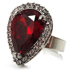Pear-Cut Hot Red CZ Diamante Fashion Ring (Silver-Tone)