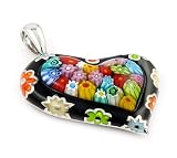 Black Multicolor Murano Glass Millacreli Murano Glass Heart Sterling Silver Pendant