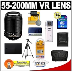 Nikon 55-200mm f/4-5.6G ED IF AF-S DX VR [Vibration Reduction] Zoom Nikkor Lens with 4Gb Card + Case + EN-EL9 Battery + Tripod + Accessory Kit for Nikon D40, D40x, D60, D3000, D5000 Digital SLR Cameras