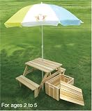 Kids Patio Picnic Table, Toy Chest and Umbrella 13688 - Unfinished Fir, Indoor / Outdoor, for Ages 2 to 5, Only 10 Sets on Sale!