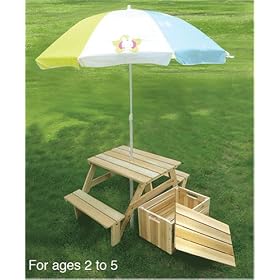 Kids Patio Picnic Table, Toy Chest and Umbrella 13688 - Unfinished Fir, Indoor / Outdoor, for Ages 2 to 5, Only 10 Sets on Sale!