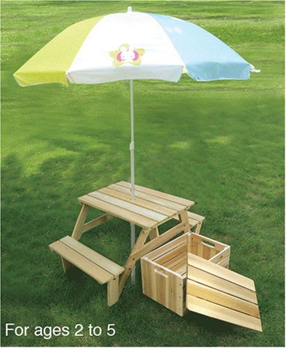 Childrens Toyshop  Toys : Kids Patio Picnic Table, Toy Chest and Umbrella 13688 - Unfinished Fir, Indoor / Outdoor, for Ages 2 to 5, Only 10 Sets on Sale!