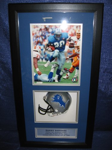 Barry Sanders Shadow Box Autographed 8x10 + Mini Helmet with COA