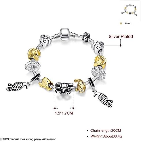 Vikis Fashion Women DIY Carved Beads Clasp Charm Bracelet with Bird Pendant,7.8inch/20cm