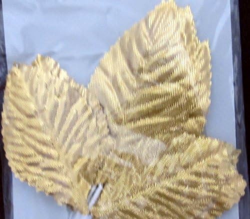 B.B. Craft PACK of 6 GOLD Tone FABRIC TRIPLE LEAVES (3 LEAFS) on WIRE STEMS Approx. 5.5" Long (Fashion Flowers Accessories)