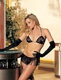 Sexy Stretch Lace, Dotted Mesh and Fring 2 PC Open Bra Set ~ Risque Collection. (R-6717) Sexy Stretch Lace, Dotted Mesh and Fring 2 PC Open Bra Set with Peek-A-Boo open cups and fringe skirt with open front ~ Risque Collection. Colors: Hot Pink/Bliack, Purple/Black. Sizes: One Size.