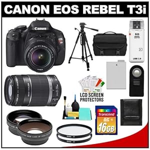 Canon EOS Rebel T3i Digital SLR Camera Body & EF-S 18-55mm IS II Lens with 55-250mm IS Lens + 16GB Card +.45x Wide Angle & 2x Telephoto Lenses + Battery + Remote + (2) Filters + Tripod + Accessory Kit Canon EOS Rebel T3i Digital SLR Camera Body & EF-S 18-55mm IS II Lens with 55-250mm IS Lens + 16GB Card +.45x Wide Angle & 2x Telephoto Lenses + Battery + Remote + (2) Filters + Tripod + Accessory Kit