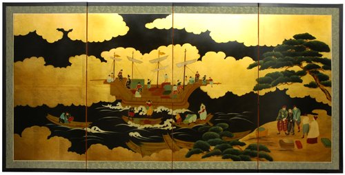 Classic Asian Wall Art – 36″ x 72″ Dragon Boat Oriental Gold Leaf Screen Painting