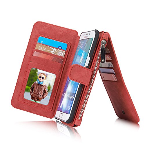 RAYTOPÂ® 15-Slot Card Holders, Samsung Galaxy S6 Edge Plus Case, Inside Cover Removable from Wallet, Button + Zip + Magnet Closure, Multiple Pockets for Money / ID Cards / Driving License, Pretty Red