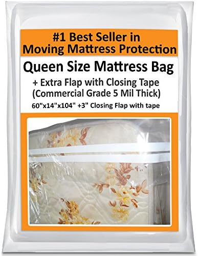 Queen Mattress Bag For Moving with Tape Flap - Heavy Duty Plastic Cover Protector 5 Mil Thick - Reusable Storage Solution