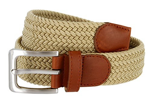 Womens Braided Elastic Fabric Woven Stretch Belt Leather Inlay (Beige, Medium)