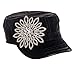 Womens Olive & Pique Military Style Cap with Large Iridescent Rhinestone Flower