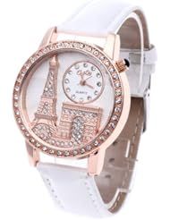 Womens Quartz Wristwatch White Leather Band Rhinestone White Dial Eiffel Towel