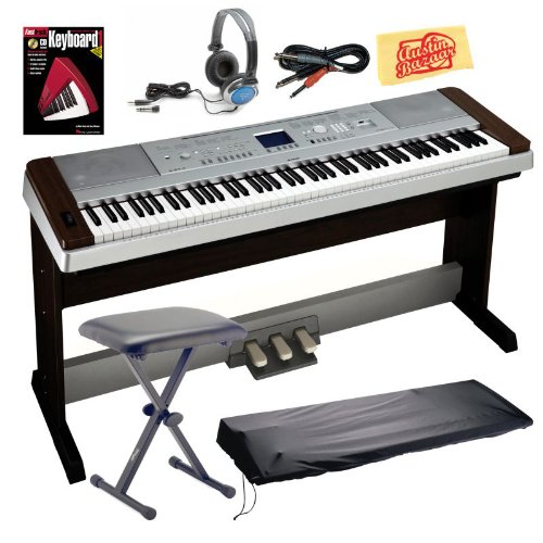Yamaha DGX640W Digital Piano Bundle with Bench, 3-Pedal System, Dust Cover, Audio Cable, Headphones, Instructional Book, and Polishing Cloth – Walnut