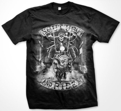 Shut Up And Ride Mens T-shirt, Skeleton Chopper Liquid Blue Oversized Design Mens Shirt, Large, Lt-Gray