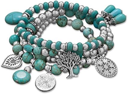 SilverStones Stretch Bracelets with Silver Tone Charms and Turquoise Beads - Set of 4 Bracelets