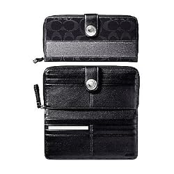 Coach Signature Stripe Accordian Zip Around Wallet 42024 Black Gunmetal