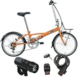 DAHONライセンス yeah(ヤー) 20インチ6段折畳自転車 YR-206 オレンジ / LED5連ライト / コイルタイプワイヤー錠 ブラック 3点セット