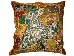 Yellow Green Indian Vintage Sari Patchwork Beaded Floor Pillows Cover 24"