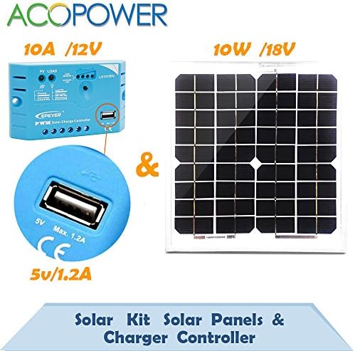 ACOpower 10w Monocrystalline Photovoltaic Pv Solar Panel +10a PWM Charge Controller for 12v Battery Charging