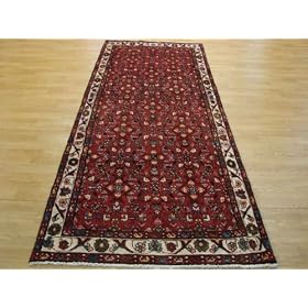 3'8 x 9'9 Red Persian Hand Knotted Wool Hossainabad Runner Rug