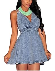 Sexy A-line V-neck Sleeveless Empire   Waistline Denim/Polyester/Spandex Backless Club Dress 