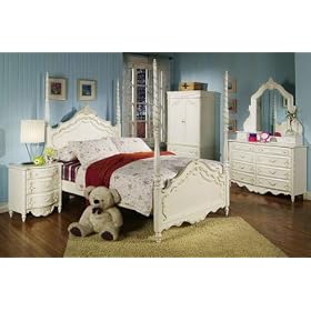 Princess Collection Pearl White Twin or Full Size Poster Bed Youth Bedroom Furniture