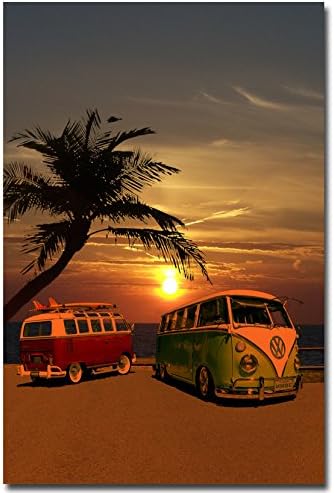 Jane Pop Vw Bus At Beach Classic Car Art Poster Print Sunset Decor 1 20X30 Inch