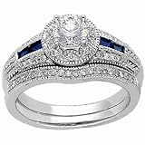 14Kt White Gold Princess Blue Sapphire Diamond Wedding Ring Set, Semi-Mount (Center stone is not included)