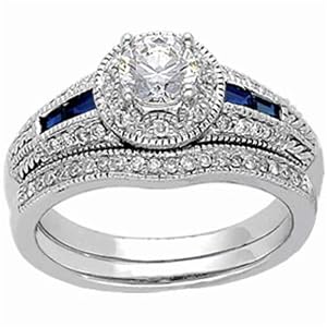 14Kt White Gold Princess Blue Sapphire Diamond Wedding Ring Set, Semi-Mount (Center stone is not included)