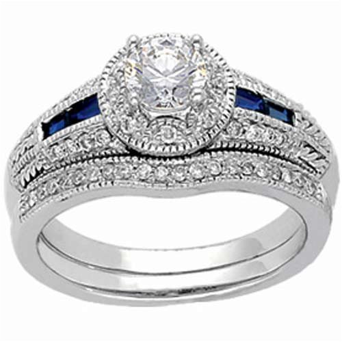 0.26 Ct.T.W. Round Brilliant Cut Diamonds and Princess Cut Blue Sapphire 14Kt. White Gold. Diamond Wedding Ring Set Semi Mount Setting