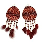 Snake Print And Feather Earrings; 5.5L; Gold Metal; Red Snake Print; Red Faceted Beads; Black And Red Feathers