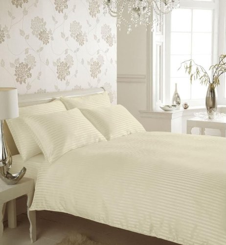 King Satin Stripe Plain Dyed Duvet Quilt Cover Bedding Set, CREAM