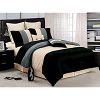 8 Pieces Beige, Blue and Black Luxury Stripe Comforter 90 x 92 Bed-in-a-bag Set Queen Size Bedding