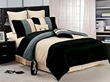 8 Pieces Solid Beige, Blue and Black Luxury Stripe Comforter 86" x 88" Bed- ....