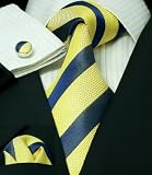 Landisun 72F Light Yellow Blue Stripes Mens Silk Tie Set: Tie+Hanky+Cufflinks