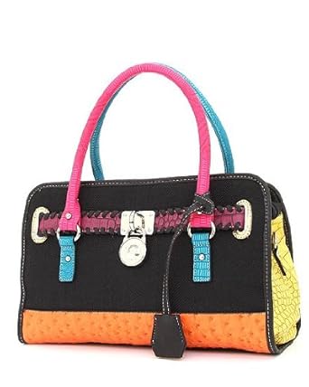 Ostrich & Crocodile Pattern Key Lock Accent Satchel Shoulder Handbag