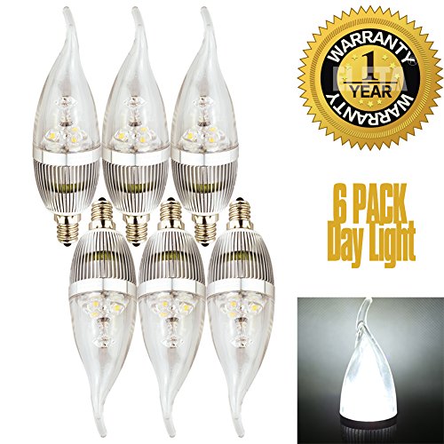 ELETA 6 Pack E12 LED Candelabra / Chandelier Bulbs, Daylight White, 3W, Non-Dimmable, Silver Color Shell, Flame Shape, for Home