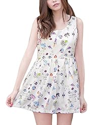 Pleated Polyester Scoop Neck General Print Babydoll Sleeveless Mini Dress 