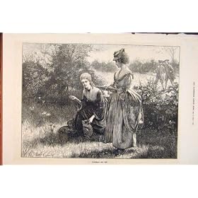 GATHERING MAY DEW LADIES FIELD OLD PRINT 1874