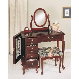 Jewelry Armoire Vanity Set with Queen Anne Style in Heirloom Cherry Finish