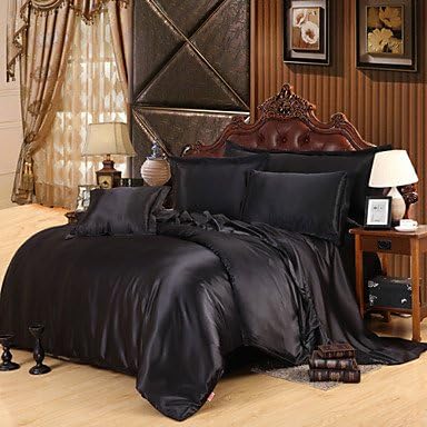 Quilt cover Silk Bedding Set,Home Textile King Queen Size,bedclothes,Duvet Cover Flat Sheet Pillowcases , queen-black , queen-black