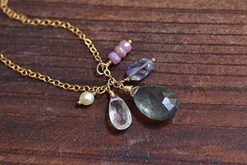 Moss Aquamarine Iolite Ruby Rock Crystal Quartz Mixed Stone 14kt Gold Dainty Necklace