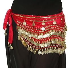 Red Velvet Rectangular Hip Scarf with Gold Coins