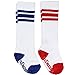 juDanzy 2 Pack of Baby, Toddler and Kids Knee High Tube Socks for Boys and Girls with Grips (12-24 Months, White with Blue & Red Stripes)