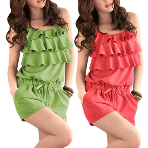 Allegra K Women Tiered Embellished Adjustable Straps Elastic Waist Casual Romper