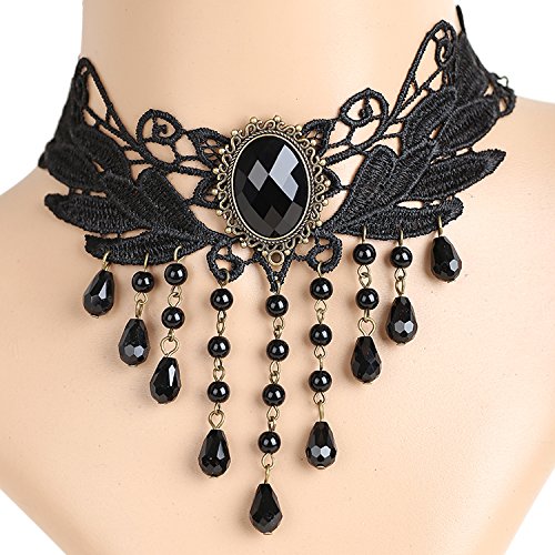 Meiysh Lolita Goth Black Lace Choker Velvet Necklace Victorian Cameo Beads Tassels
